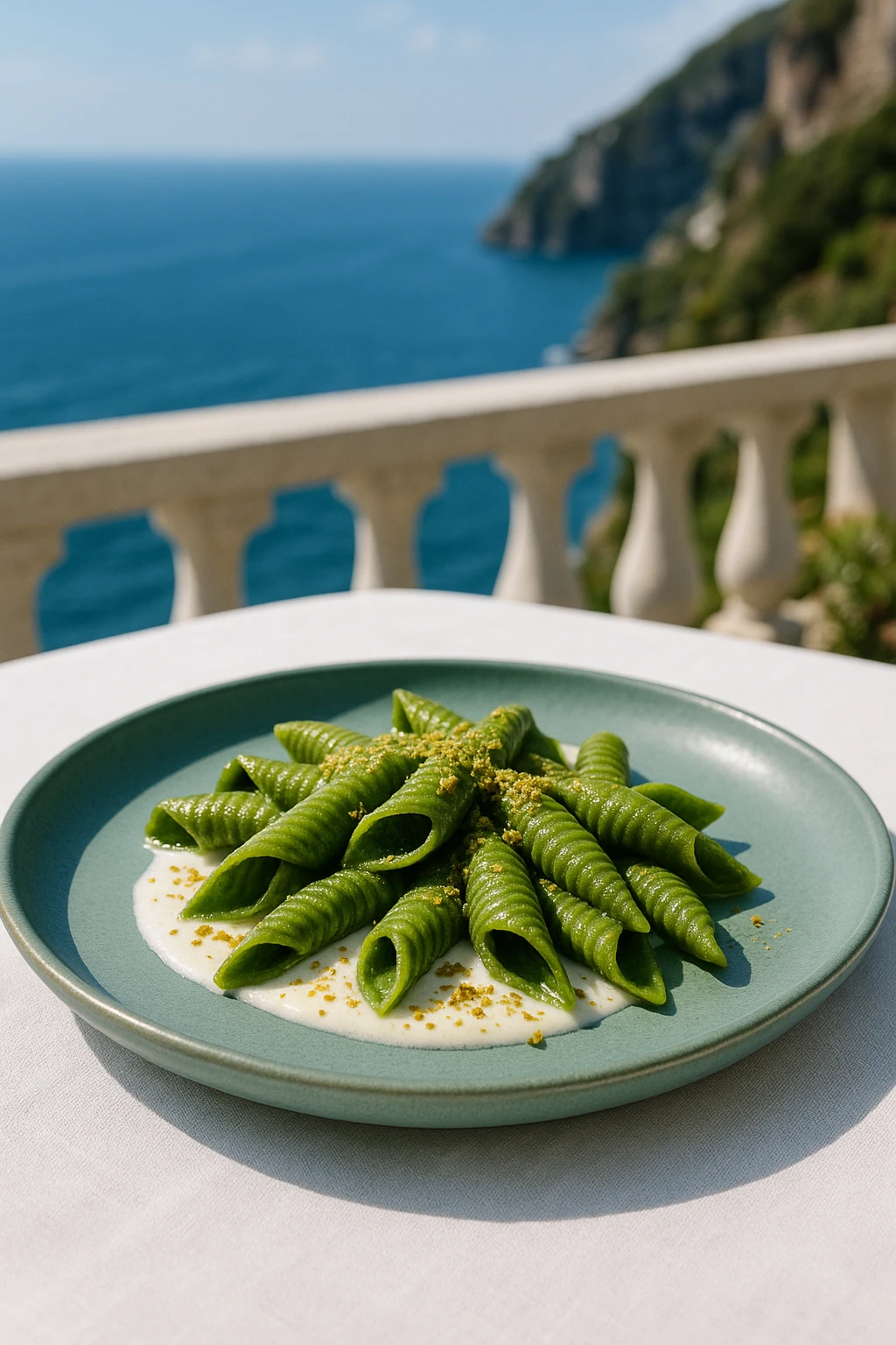 Spinach-ink garganelli folded with lemon-burrata cream and toasted pistachio dust, presented on matte sea-green ceramics at an Amalfi cliff-side terrace — bright coastal noon light, airy editorial vibe.