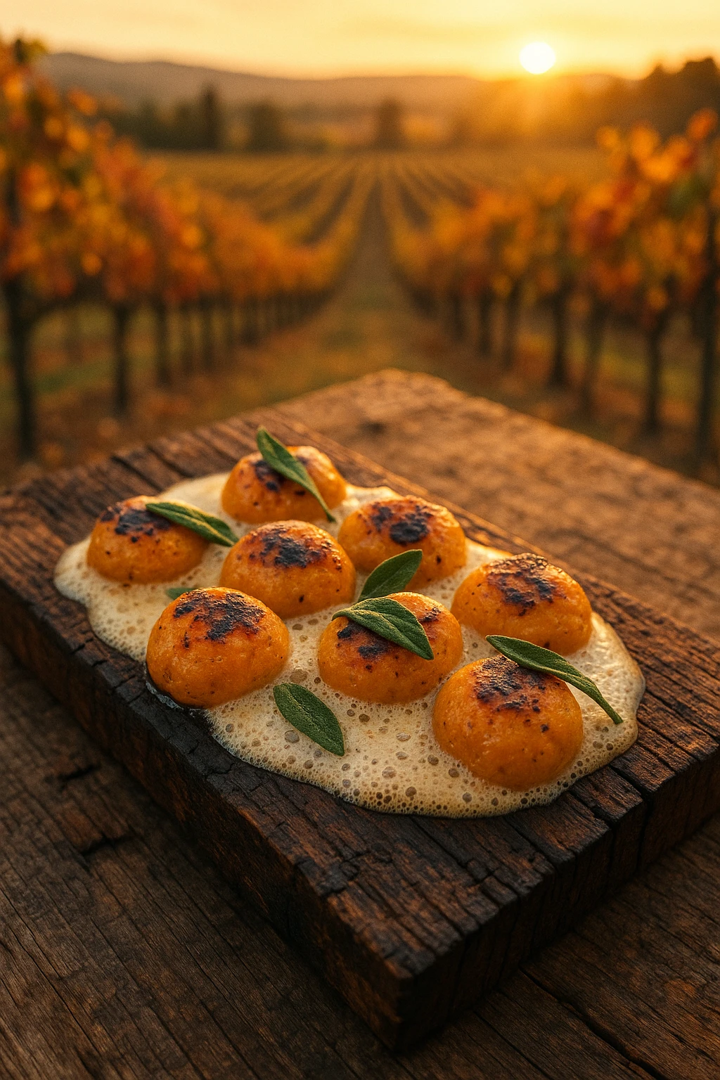 Fire-roasted pumpkin gnudi bathed in sage-brown-butter foam, served on a charred oak plank beside an autumn vineyard — golden hour glow, rustic storytelling composition.
