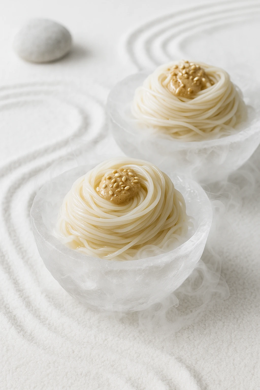 Ice-cold sesame-miso somen nests perched on carved ice bowls, wisps of dry-ice chill curling in a minimalist zen garden setting — high-key fine-art lighting, macro lens for noodle sheen.