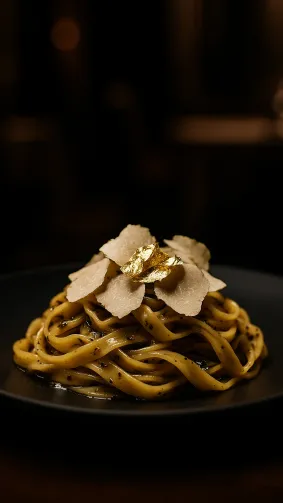 Silky tagliatelle tossed in black‑truffle butter and topped with shaved white truffle and gold leaf, plated on matte‑black porcelain inside a Michelin‑star dining room — low‑key, moody spotlight, 85 mm lens.