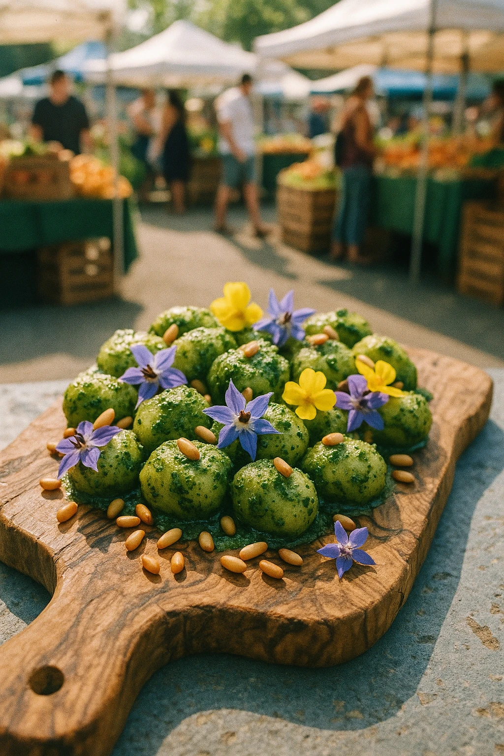 Vegan basil‑pesto gnocchi dotted with toasted pine nuts and edible flowers, resting on a weathered olive‑wood board at a bustling farmers market — natural backlight, candid lifestyle vibe, light film grain.