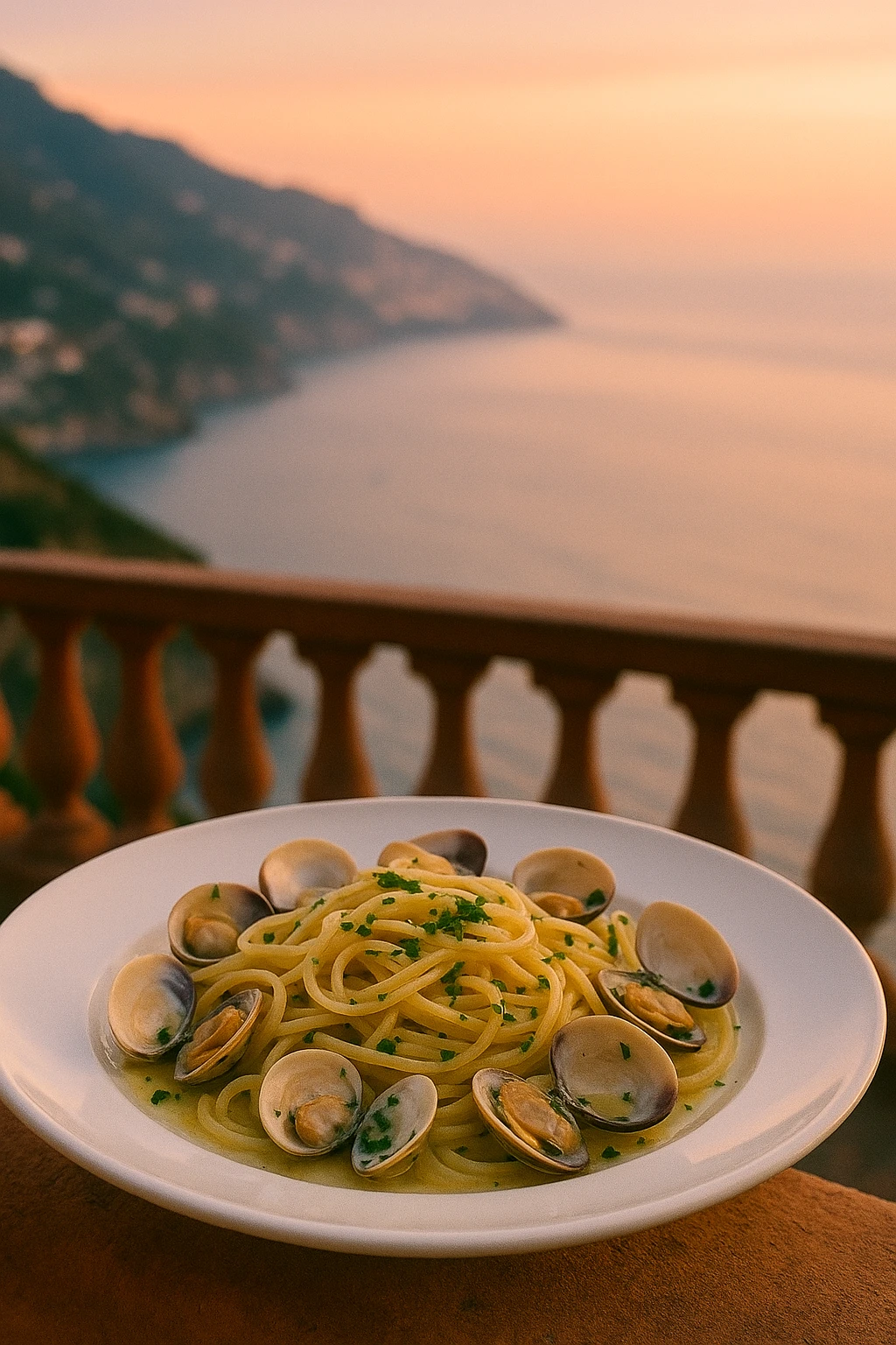 Linguine alle vongole with fresh clams, parsley, and white‑wine sauce, captured on a seaside terrace overlooking the Amalfi coast at sunset — warm pastel sky, soft sea‑spray haze, 35 mm lens bokeh.
