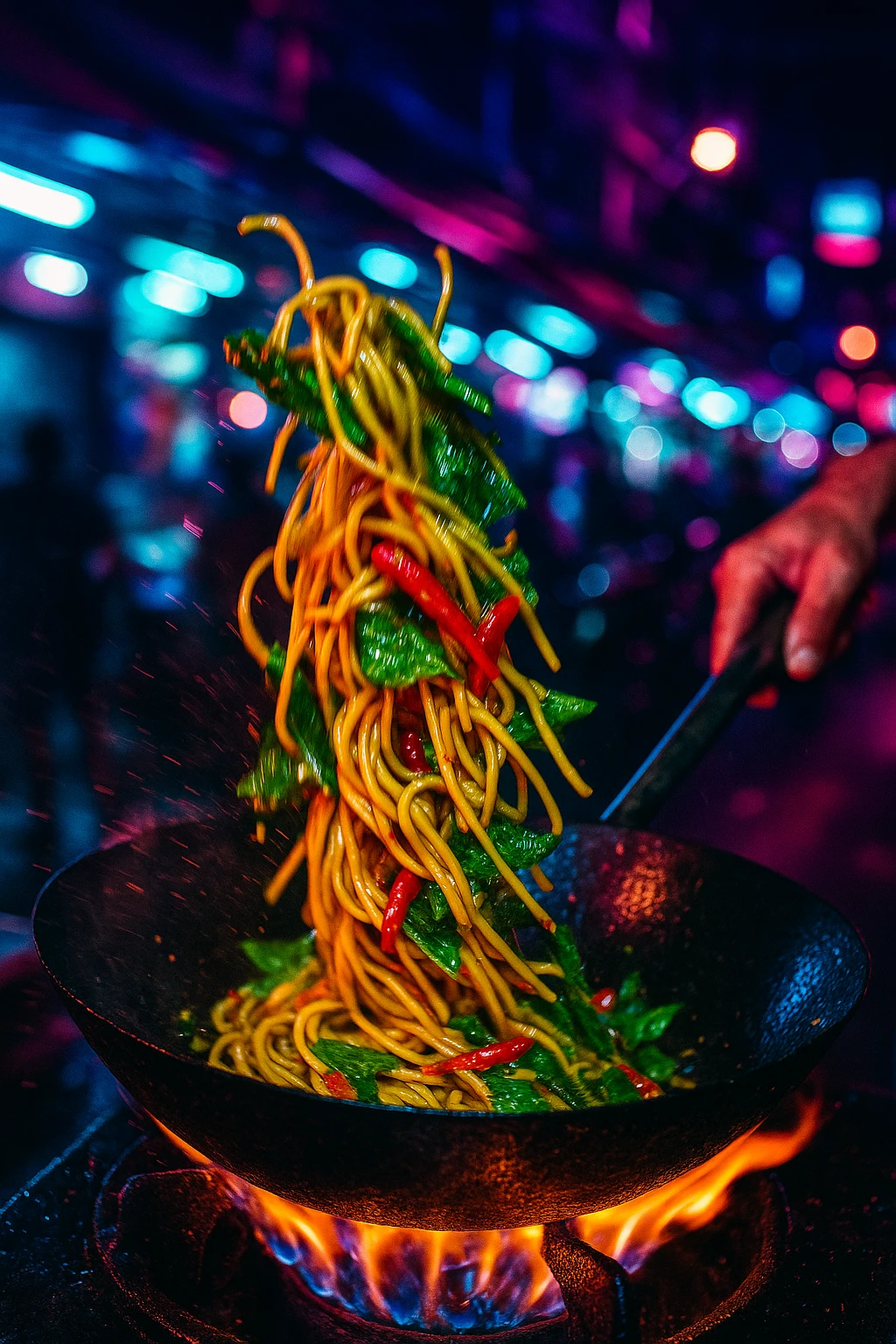Spicy Thai ‘drunken’ spaghetti (pad kee mao) with holy basil and bird’s‑eye chili, sizzling in a wok at a neon‑lit Bangkok night market — dramatic motion blur, street‑photography flash, cyberpunk tones.