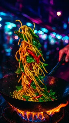 Spicy Thai ‘drunken’ spaghetti (pad kee mao) with holy basil and bird’s‑eye chili, sizzling in a wok at a neon‑lit Bangkok night market — dramatic motion blur, street‑photography flash, cyberpunk tones.