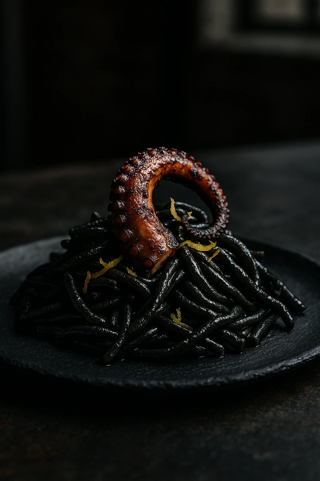Charcoal‑black squid‑ink strozzapreti crowned with charred octopus and lemon zest, plated on slate in an industrial loft studio — chiaroscuro lighting, macro 100 mm close‑up for inky sheen.