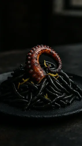 Charcoal‑black squid‑ink strozzapreti crowned with charred octopus and lemon zest, plated on slate in an industrial loft studio — chiaroscuro lighting, macro 100 mm close‑up for inky sheen.