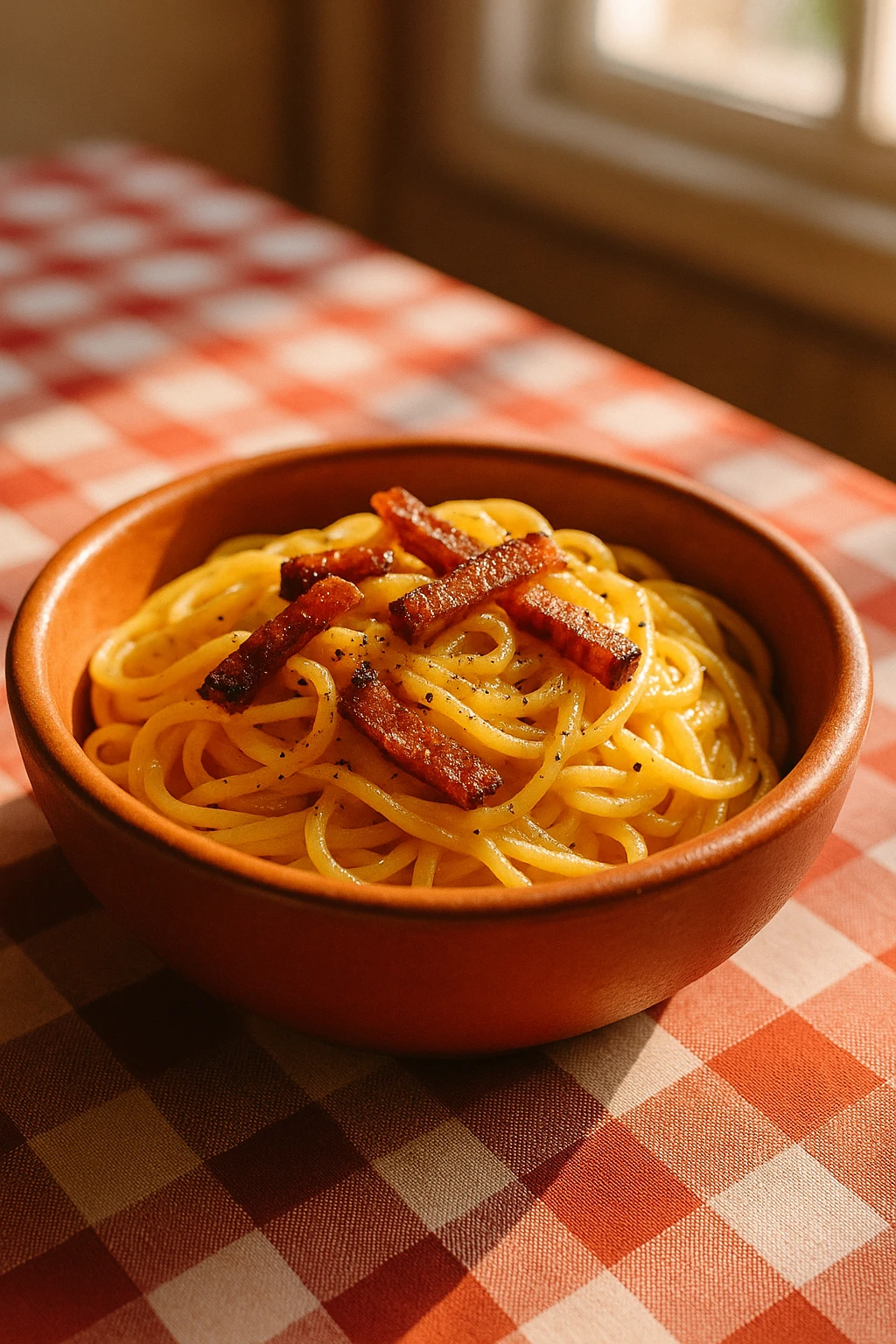 Classic Roman carbonara with guanciale shards and glossy egg‑yolk sauce, served in a terracotta bowl on a trattoria checkered tablecloth — midday window light, cozy candid vibe.