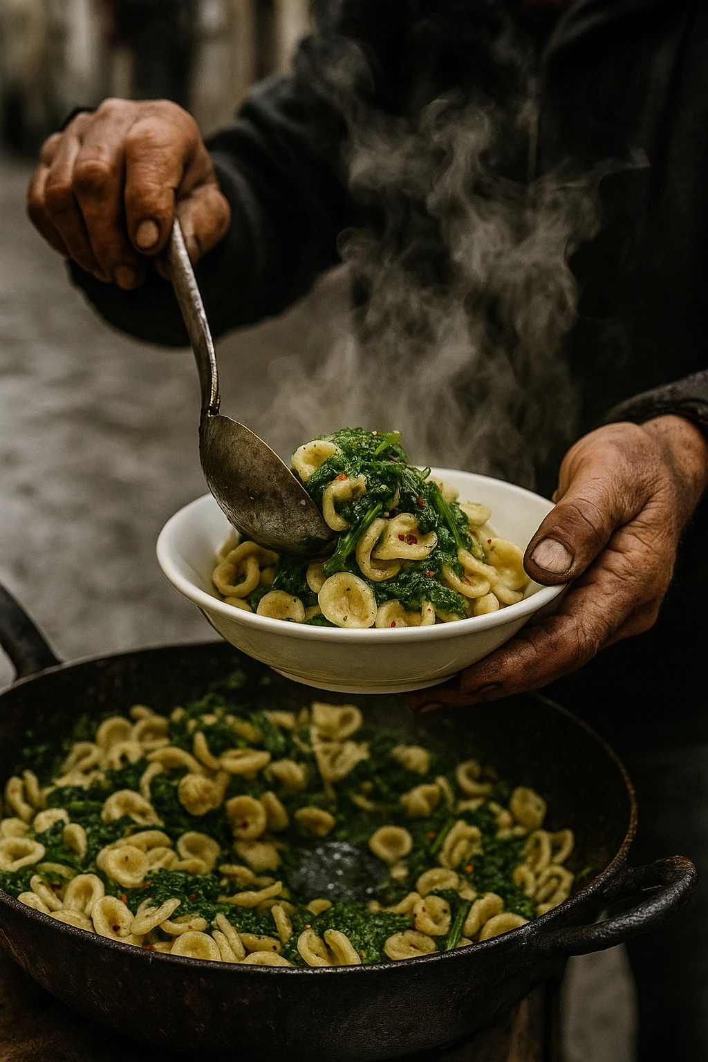 Hand‑made orecchiette with sautéed cime di rapa and chili flakes, scooped from a cast‑iron pan by a street vendor in Bari — action shot of steam rising, gritty reportage aesthetic.