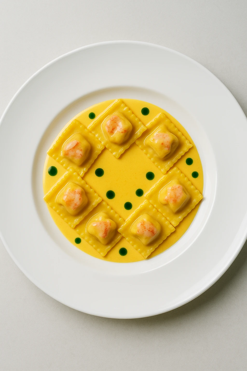 Lobster ravioli bathed in saffron cream and chive oil dots, arranged in a ring on pristine white fine‑china — overhead softbox, high‑resolution medium‑format clarity.