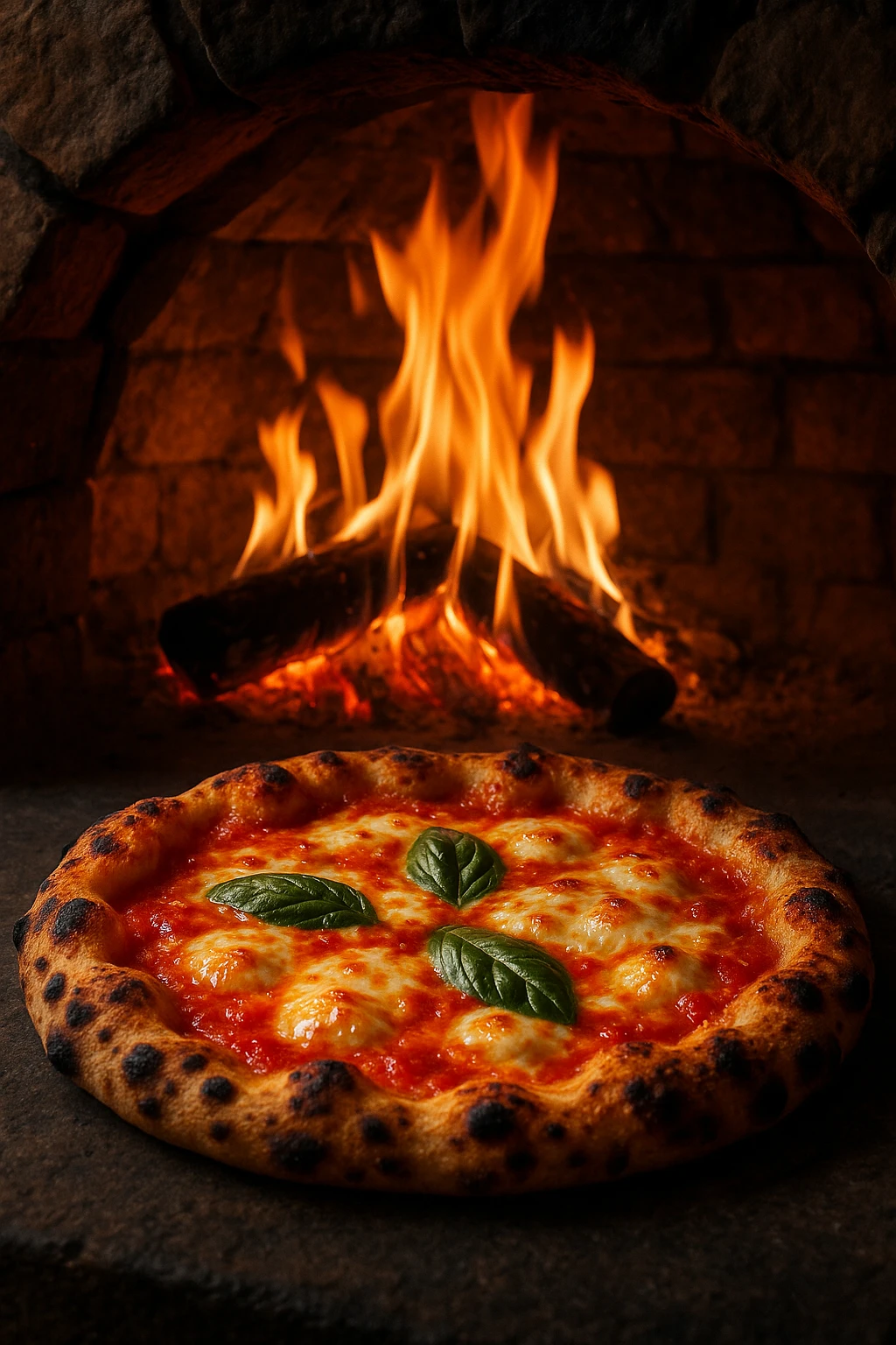 Neapolitan Margherita blistering inside wood-fired oven, cheese bubbling — fiery orange glow, rustic stone backdrop.