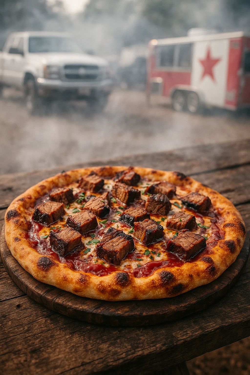 BBQ brisket pizza fresh from smoker at Texas truck rally — wood-smoke haze, rustic plating.