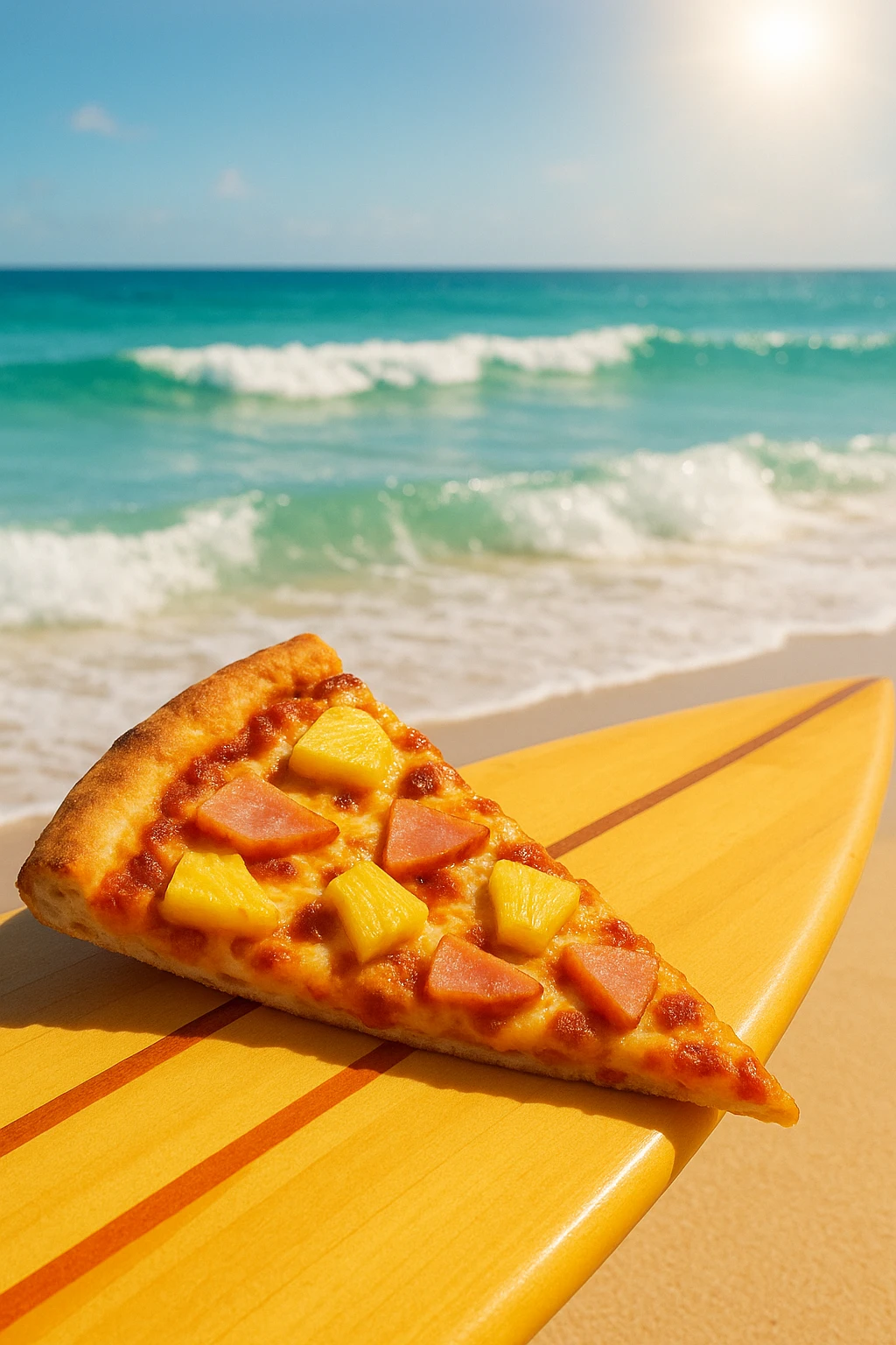 Hawaiian pineapple-ham pizza slice on surfboard, beach breakers behind — tropical midday glare.