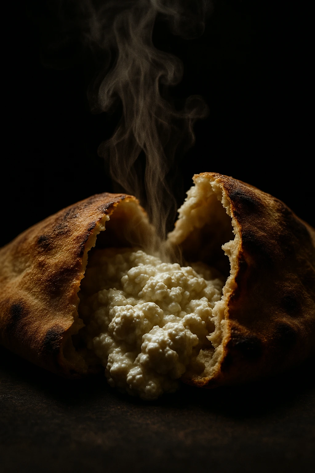 Calzone cracked open, ricotta steam billowing — dramatic chiaroscuro, macro 100 mm lens.