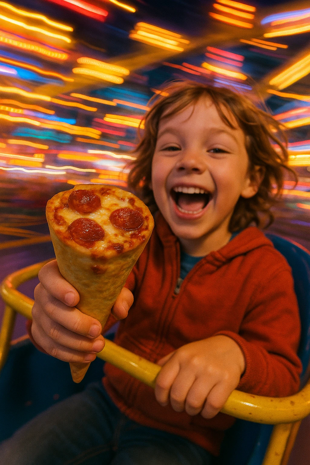 Pizza cone novelty held by kid on fairground ride — motion blur lights, fun energy.