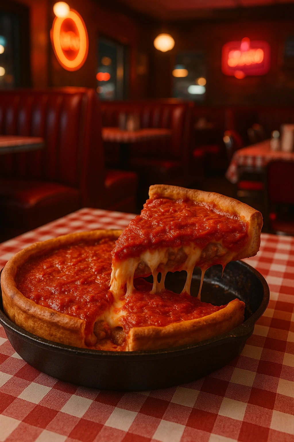 A deep-dish Chicago-style pizza sliced open to reveal layers of melted cheese, rich tomato sauce, and Italian sausage. Served in a cast iron pan at a cozy American-style diner with red leather booths, checkered tablecloths, and neon signs casting a warm glow.