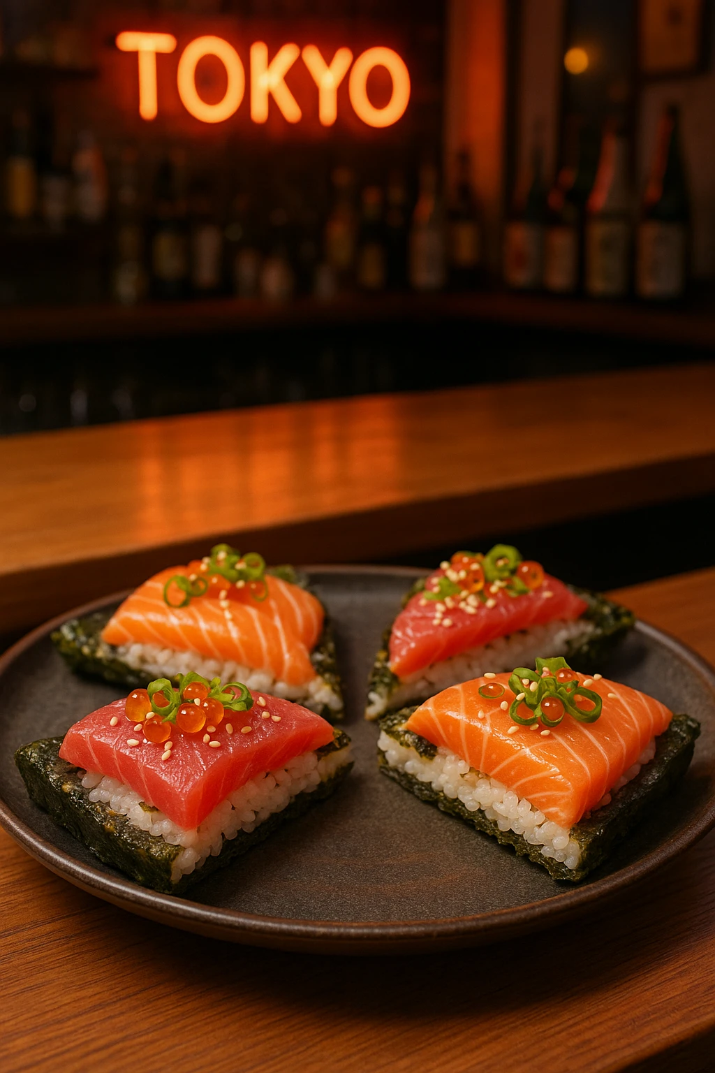Sushi-pizza fusion slices topped with sashimi, nori crust — trendy Tokyo pop-up bar.