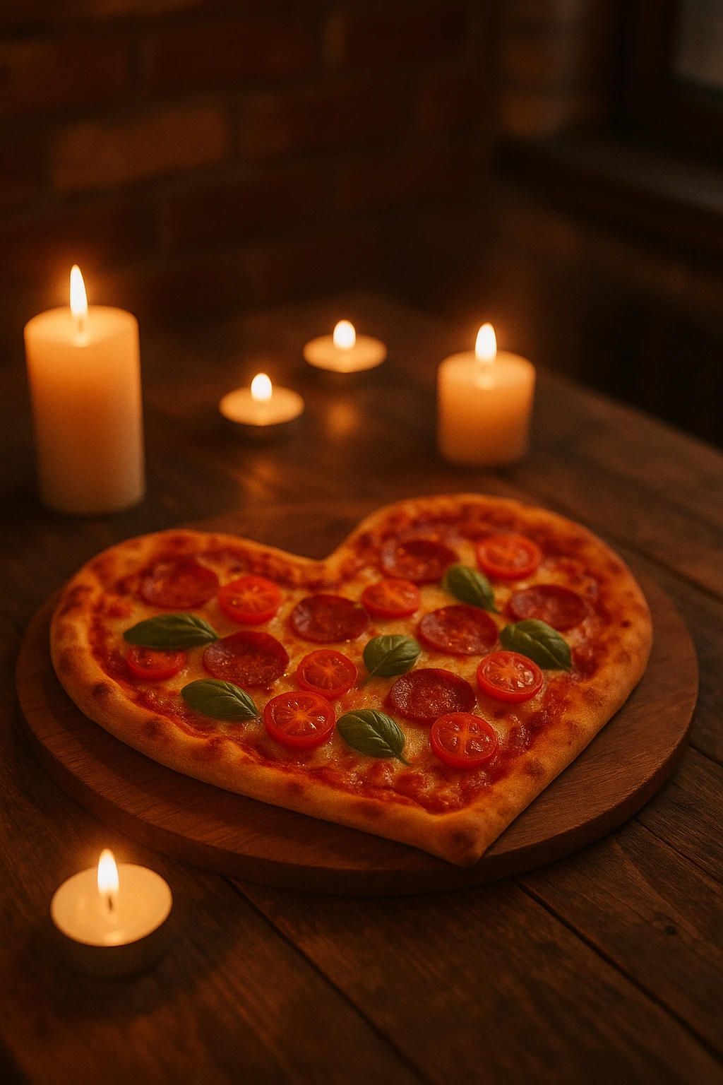 Heart-shaped Valentine pizza lit by candles in cozy loft — romantic warm tones, shallow DOF.