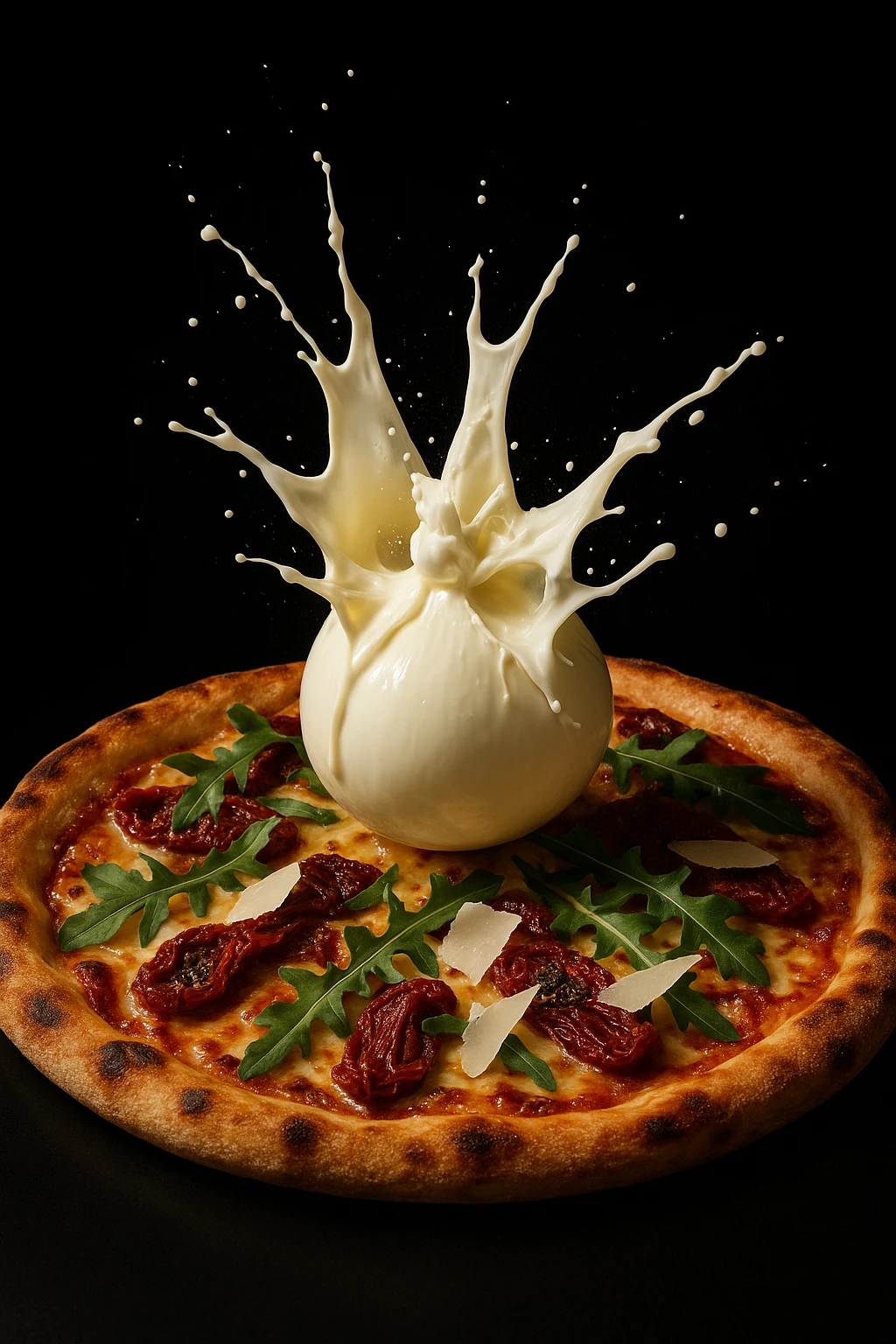 ‘Burrata bomb’ pizza, ball bursting open with cream mid-shot — high-speed strobe, luxe toppings.