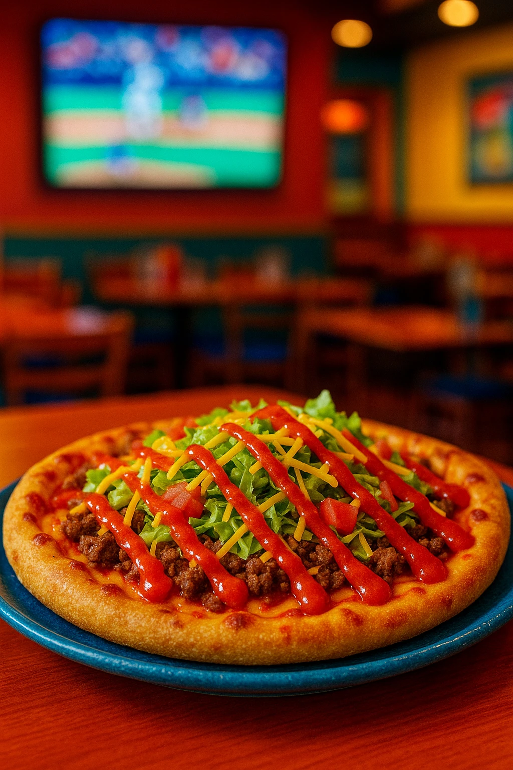 Taco-pizza mash-up in sports bar, salsa drizzle frozen — bold Tex-Mex colors, TV screen blur.