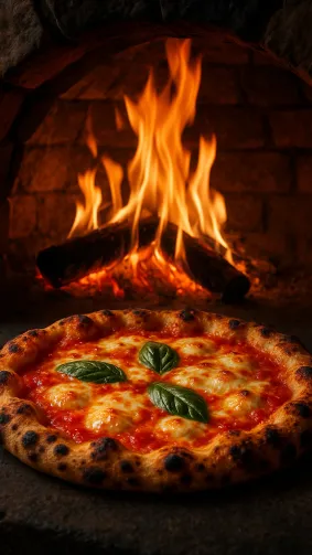 Neapolitan Margherita blistering inside wood-fired oven, cheese bubbling — fiery orange glow, rustic stone backdrop.