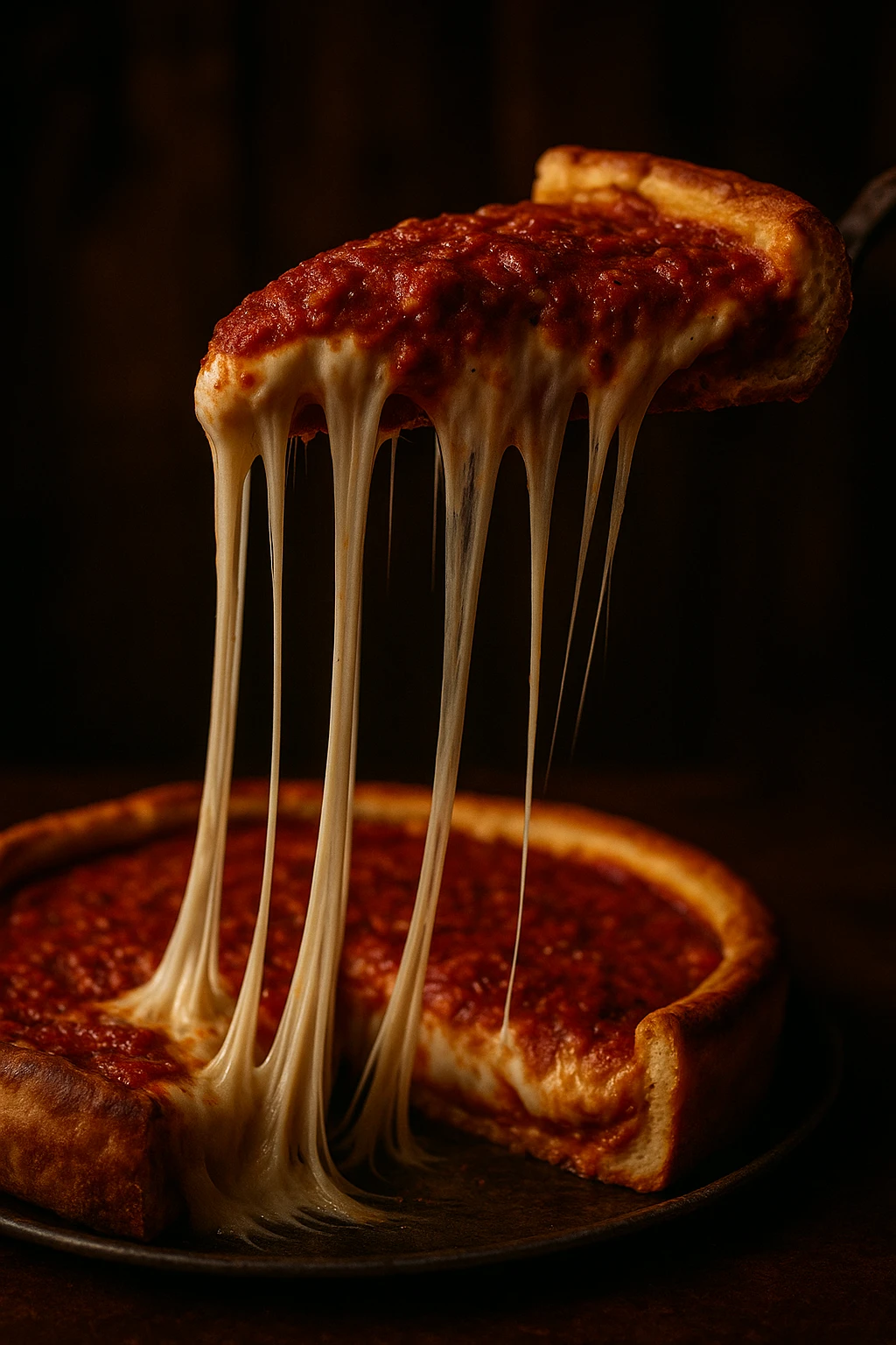 Chicago deep-dish slice lifted, molten cheese stretch four feet — macro drama, moody tavern light.