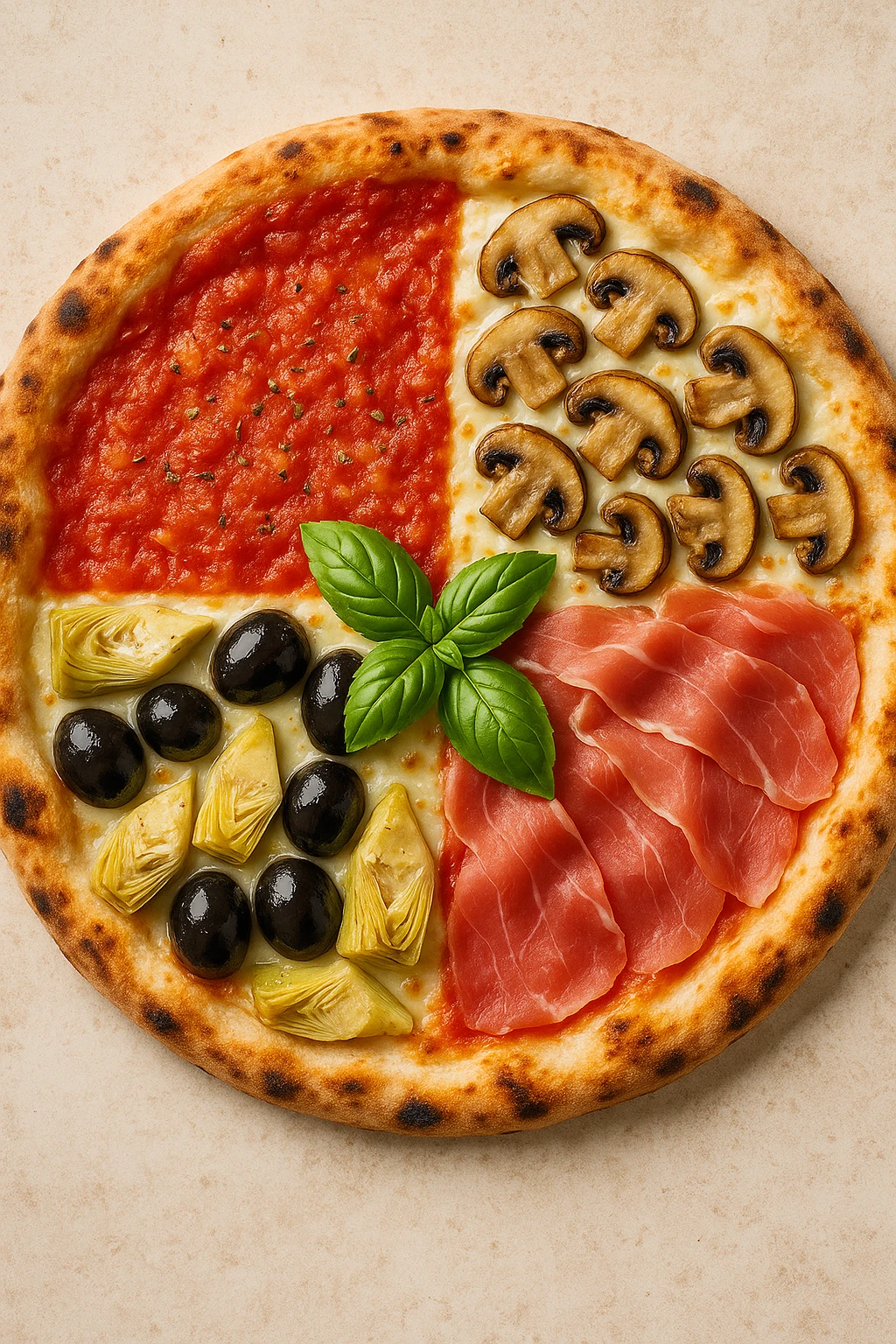 Quattro Stagioni seasonal quadrant pizza, ingredients changing clockwise — top-down food-art styling.