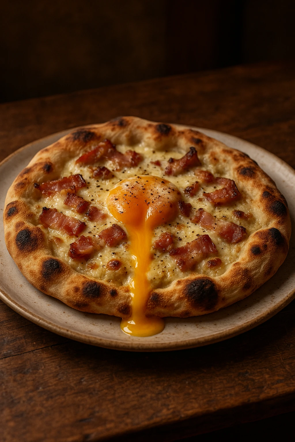 Carbonara pinsa with egg yolk center breaking — creamy action shot, rustic trattoria light.