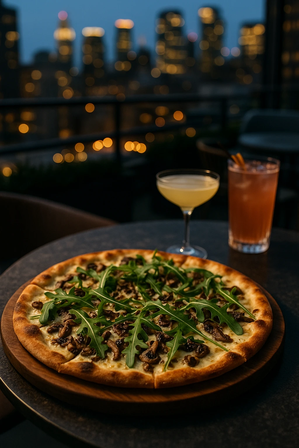 A gourmet truffle mushroom pizza served on a wooden board at a modern rooftop restaurant. Thin crust topped with fontina cheese, wild mushrooms, arugula, and a drizzle of truffle oil. Elegant presentation with city lights in the background and chic cocktails on the table.
