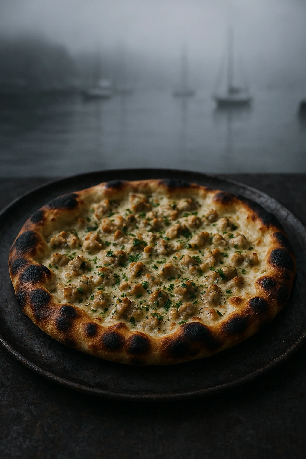 New Haven white clam pizza on charred steel, harbor fog beyond — moody coastal vibe.