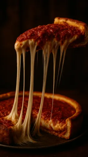 Chicago deep-dish slice lifted, molten cheese stretch four feet — macro drama, moody tavern light.