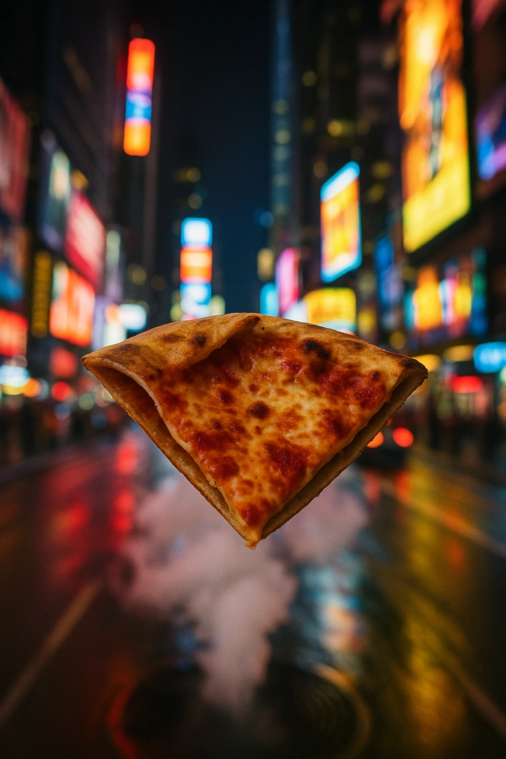 New-York street slice folded above Times Square steam vent — neon billboard reflections, handheld motion blur.
