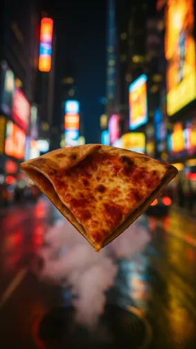 New-York street slice folded above Times Square steam vent — neon billboard reflections, handheld motion blur.