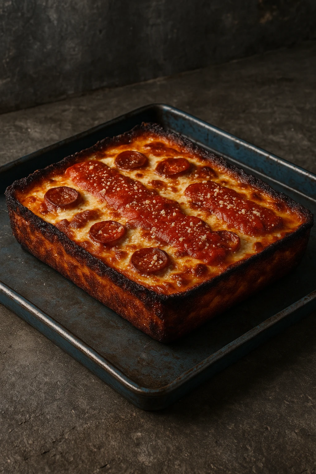 Detroit thick-crust pan pizza with caramelized cheese edge on blue steel tray — gritty industrial styling.