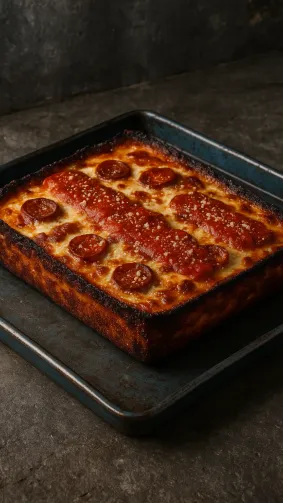 Detroit thick-crust pan pizza with caramelized cheese edge on blue steel tray — gritty industrial styling.