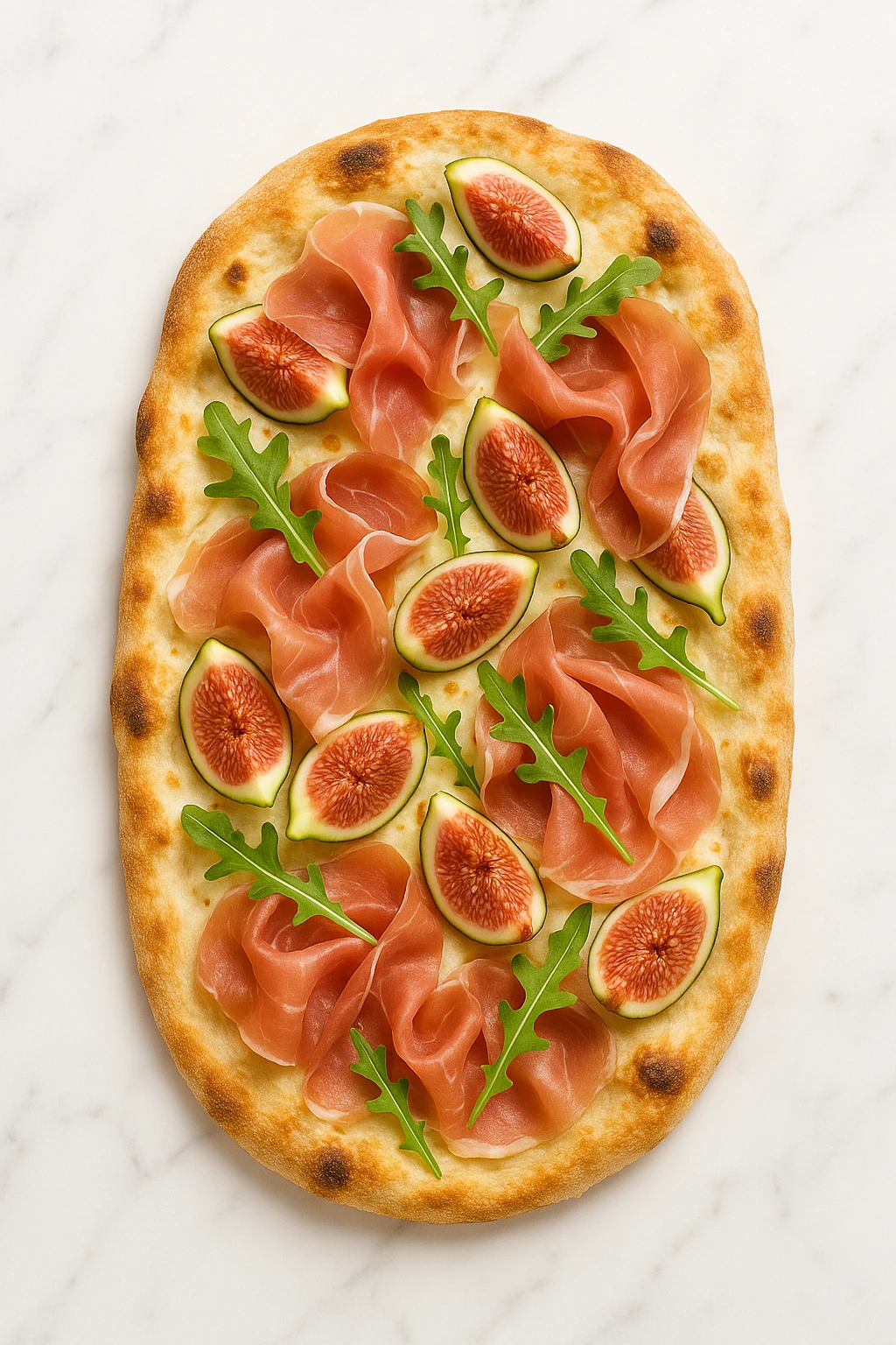 Roman pinsa Romana topped with prosciutto and figs on marble counter — high-key studio overhead.