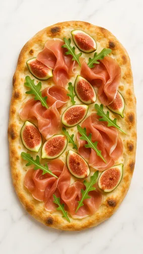Roman pinsa Romana topped with prosciutto and figs on marble counter — high-key studio overhead.
