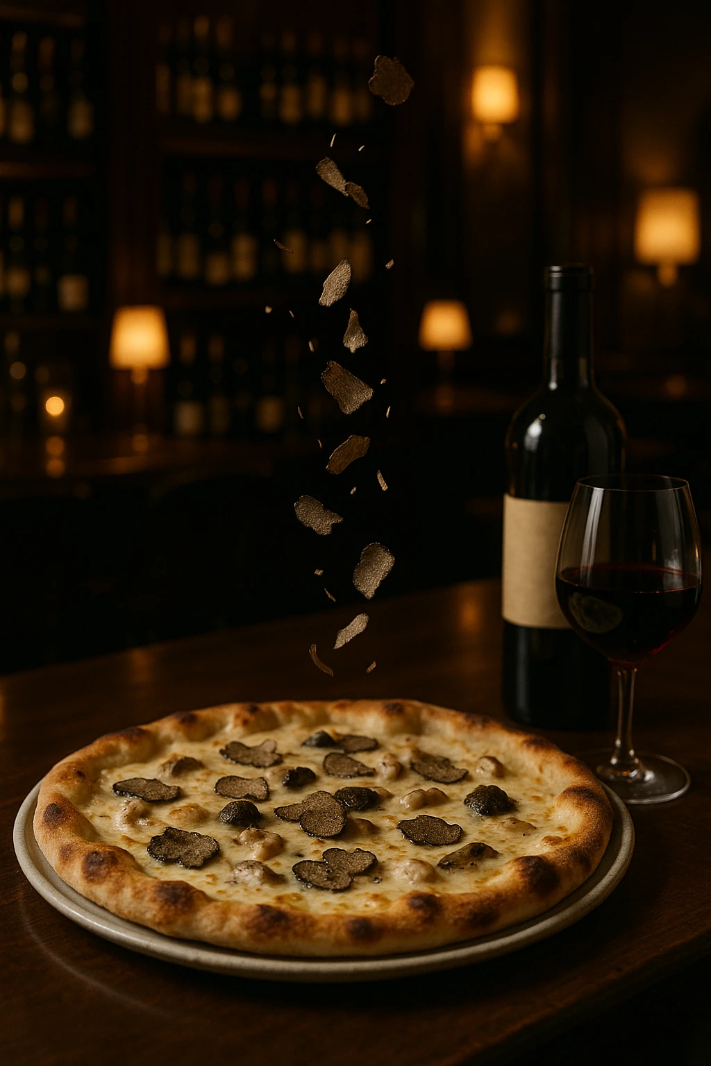Truffle-mushroom white pizza in upscale wine bar, shaved truffle mid-fall — luxe low-key ambiance.