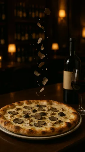 Truffle-mushroom white pizza in upscale wine bar, shaved truffle mid-fall — luxe low-key ambiance.