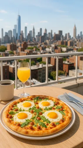 Sunny-side egg breakfast pizza on rooftop brunch table, skyline background — bright airy daylight, lifestyle vibe.