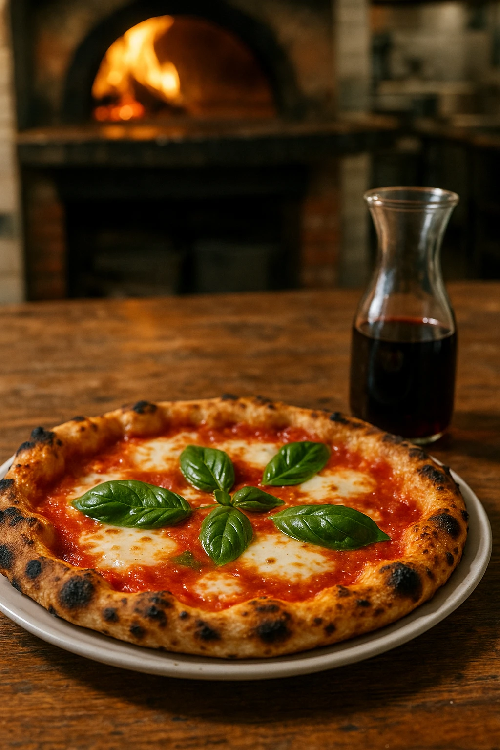 A bubbling Neapolitan margherita pizza fresh out of a wood-fired oven at a traditional pizzeria in Naples. Thin, charred crust with melted mozzarella, vibrant tomato sauce, and fresh basil leaves glistening with olive oil. Served on a white ceramic plate over a rustic wooden table with a carafe of red wine and an open kitchen visible in the background.