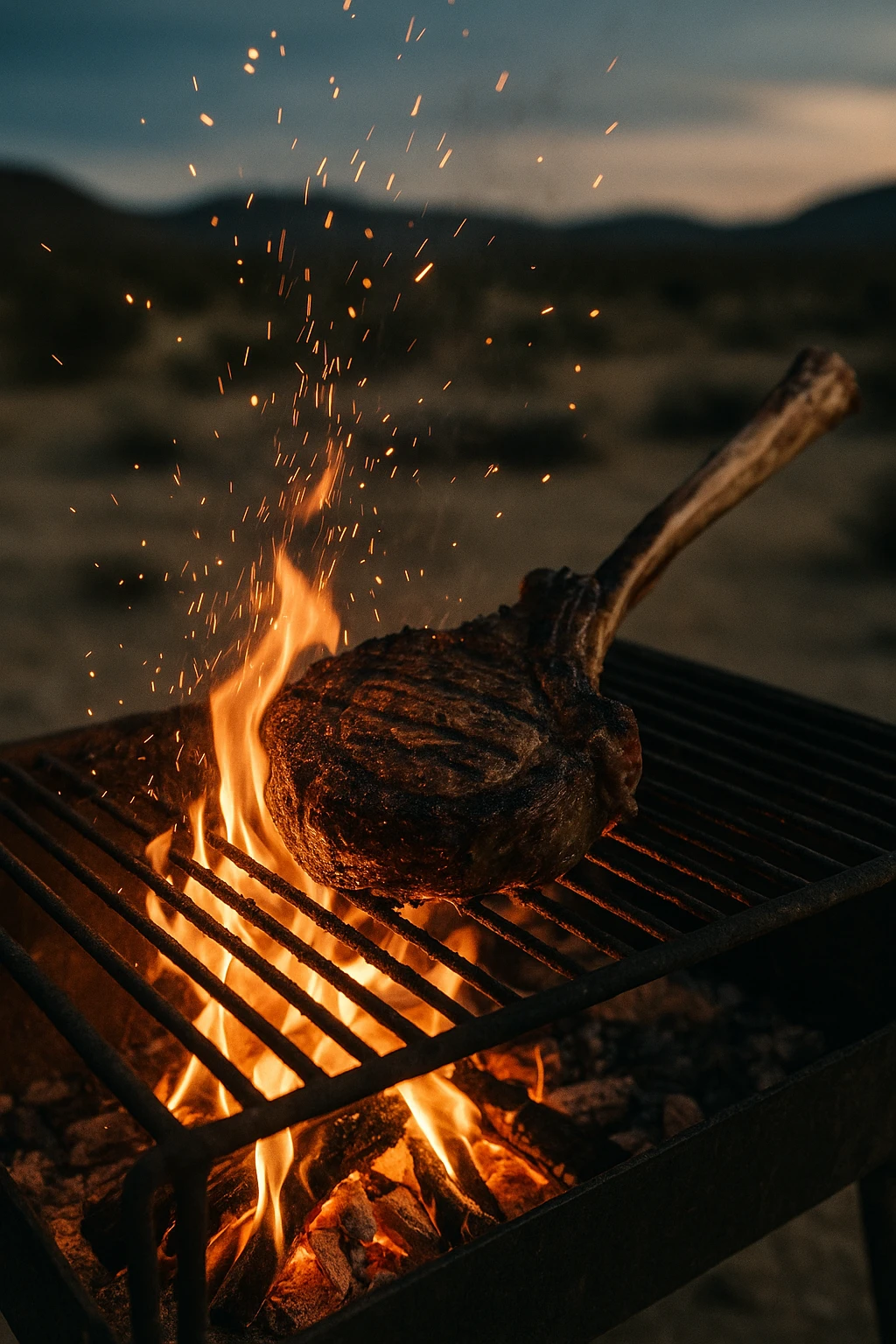 Tomahawk rib-eye sizzling over mesquite flames on a desert ranch grill, sparks frozen mid-air — cinematic dusk light, gritty Western vibe, handheld DSLR.