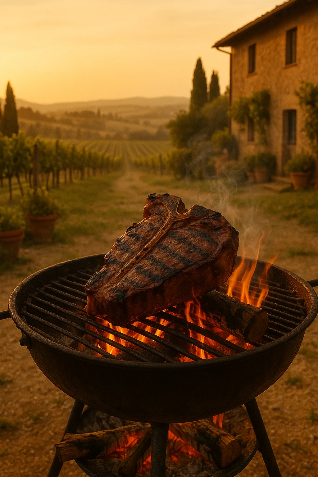 Bistecca alla Fiorentina char-grilling over olive-wood in a Tuscan vineyard courtyard — golden sunset haze, pastoral editorial vibe.