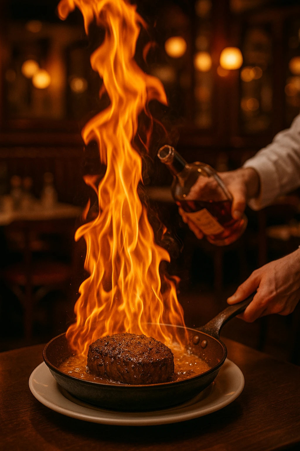 Pepper-steak flambé eruption at classic French brasserie, cognac flames leaping — high-speed capture, warm tungsten ambiance.