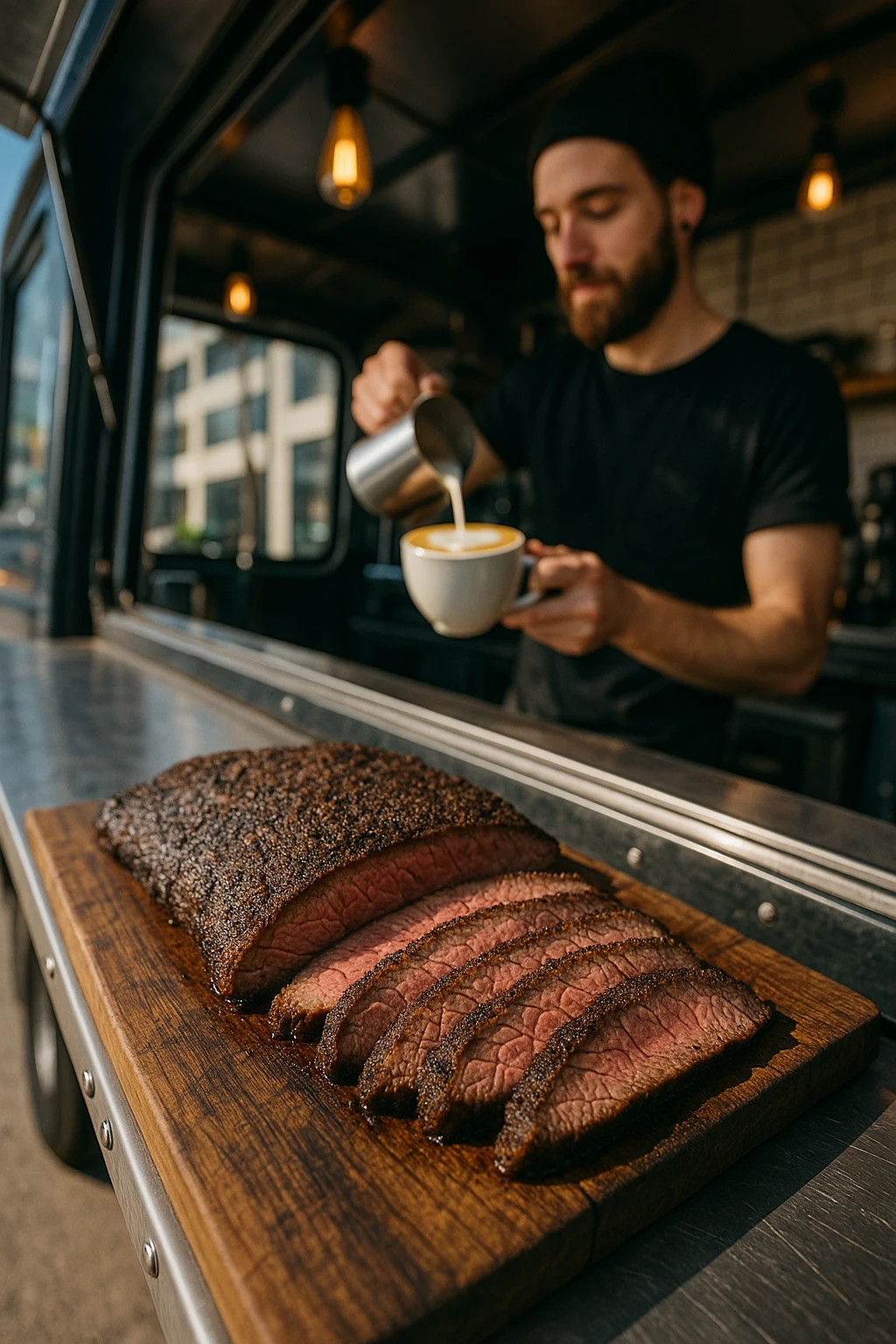 Coffee-rubbed flank steak sliced on a hipster food-truck pass, latte art barista blur background — trendy urban vibe, wide-angle lens.