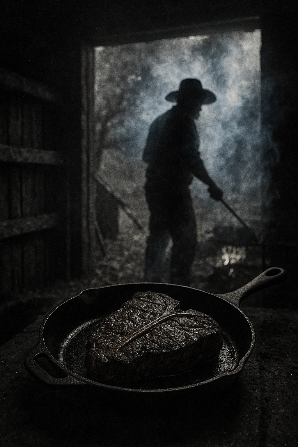 Cast-iron porterhouse resting in hill-country smokehouse, pitmaster silhouetted by rising blue smoke — gritty documentary style.