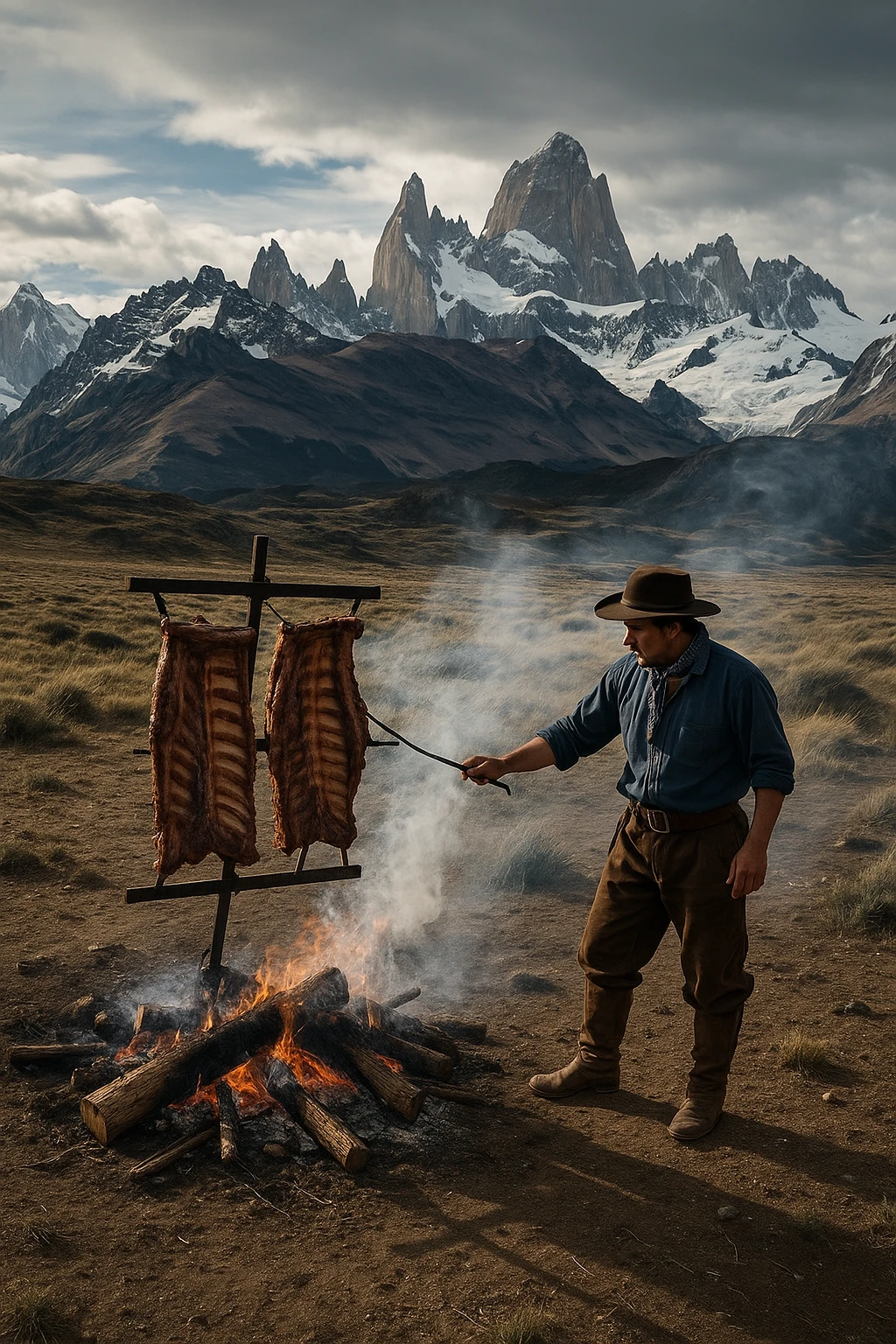 Argentine gaucho grilling asado cross of rib racks in Patagonian wind — drone wide shot, epic mountain backdrop.