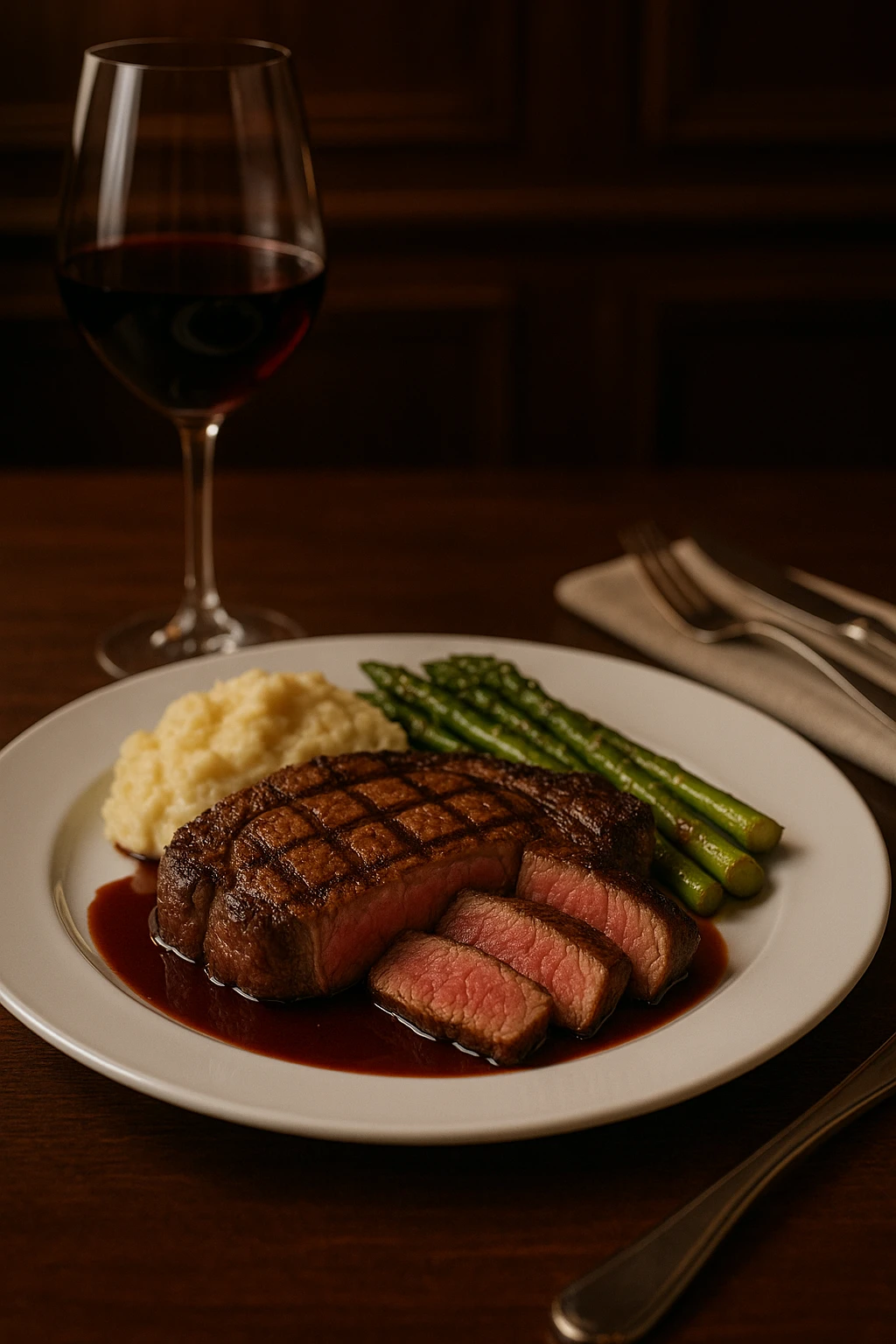 A perfectly grilled ribeye steak served at an upscale steakhouse. The steak is medium-rare with a caramelized crust, sliced to reveal a juicy pink center. Plated with garlic mashed potatoes, grilled asparagus, and a drizzle of red wine reduction. The table is set with fine cutlery, linen napkins, and a glass of full-bodied red wine. Ambient lighting with a dark, wood-paneled interior and a warm, elegant atmosphere.