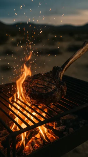 Tomahawk rib-eye sizzling over mesquite flames on a desert ranch grill, sparks frozen mid-air — cinematic dusk light, gritty Western vibe, handheld DSLR.