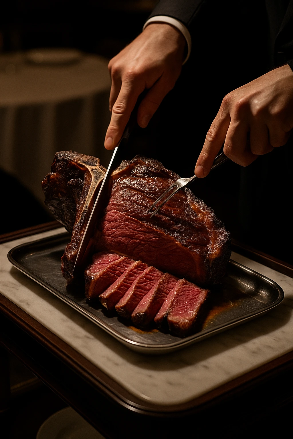 100-day dry-aged porterhouse carved tableside on a marble trolley in a Michelin steakhouse — low-key spotlight, 85 mm lens highlighting rich marbling sheen.