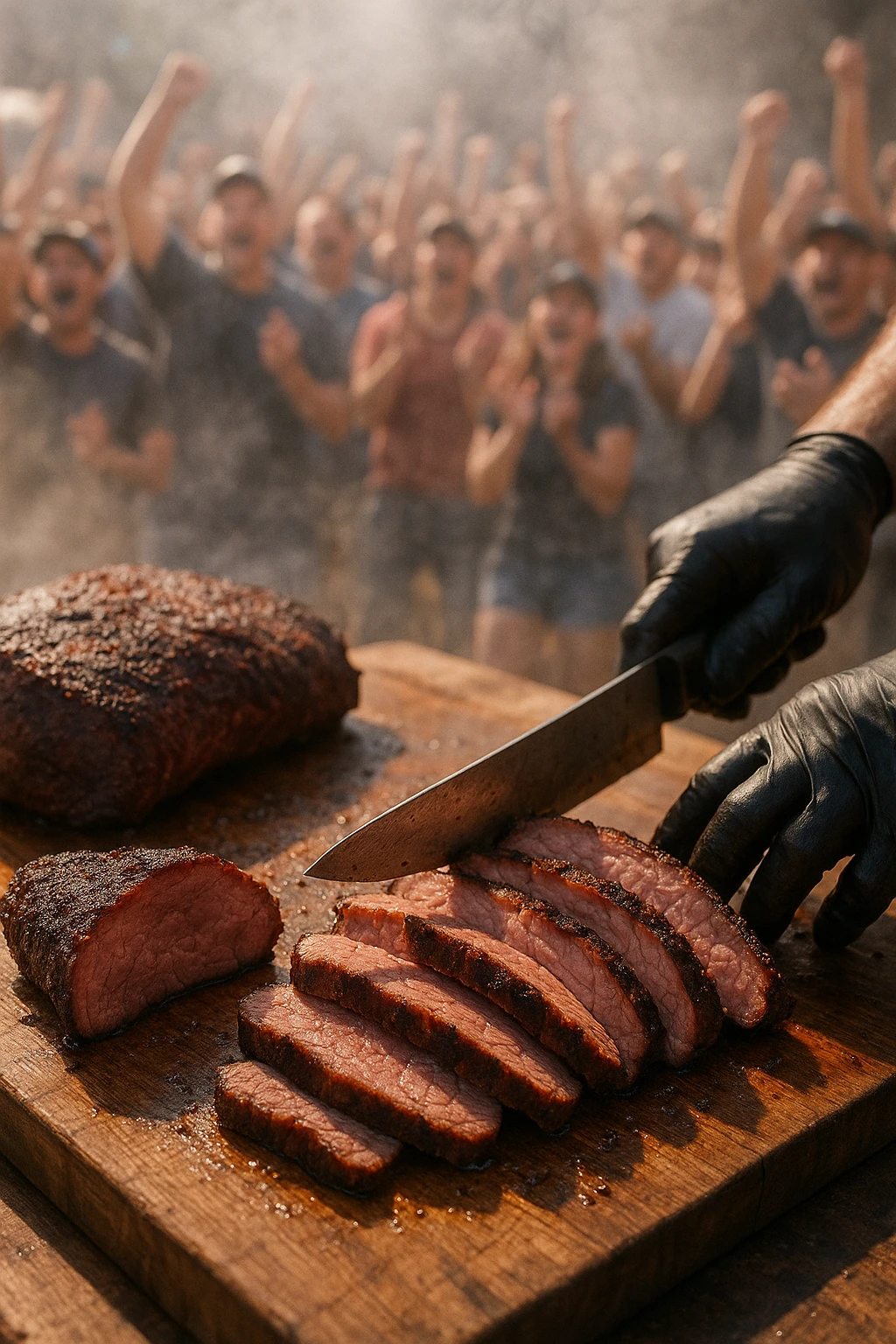 Cherry-wood–smoked tri-tip sliced at championship BBQ, crowd cheering blur — action reportage, rich wood-smoke haze.